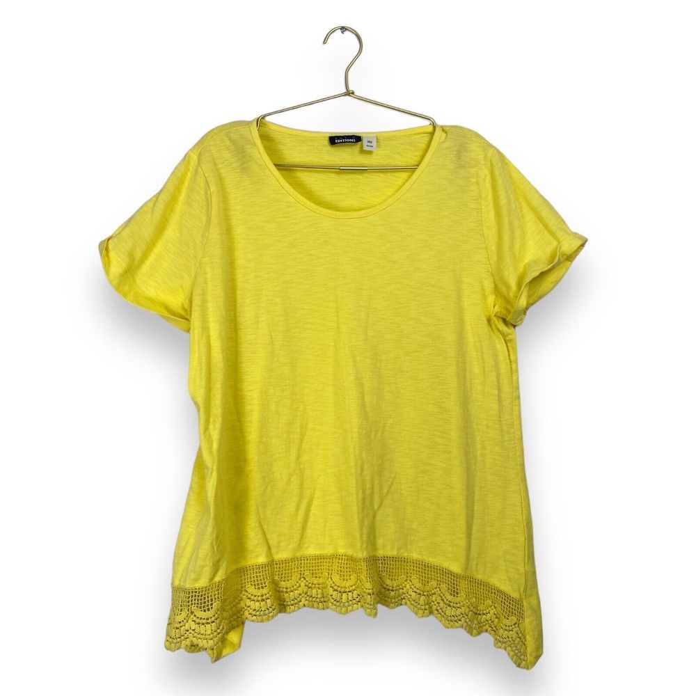 Basic Editions Yellow Lace Hem Tee XXL Short Sleeve‎ Casual Top 0318